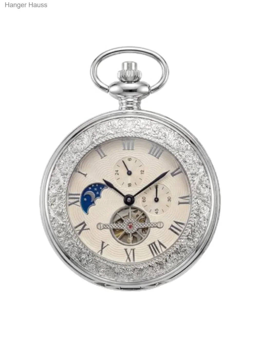 Antique Silver Mechanical Pocket Watch for Men with Chain - Wind Up Skeleton